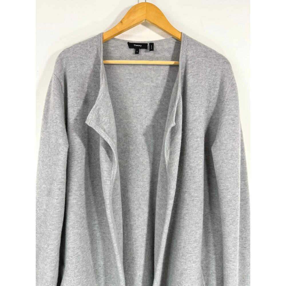 Theory Gray Merino Wool Blend Longline Open Front Pocket Cardigan Small Chic - Picture 4 of 11